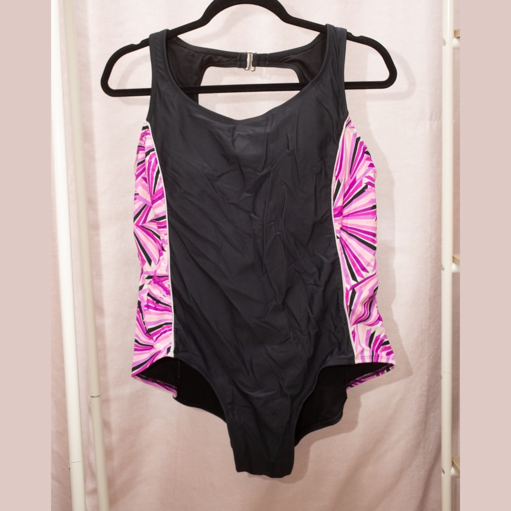 Black w/ Pink & Purple Stretchy One Piece Racer Back lightly Padded Bathing Suit